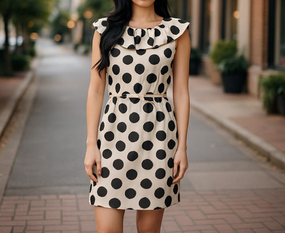 Kate Spade dress 100% silk ruffle collar belted polka dot sheath brown cream 6